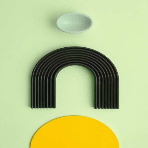 generate a stylized abstract art image featuring a light green background with a textured bowl on top, a curved black arch made of stripes in the center, and a bright yellow semicircle at the bottom, using a Canon EOS R5 with a 50mm lens, aperture f/2.8, ISO 100, high dynamic range, top-down view, digital graphic style