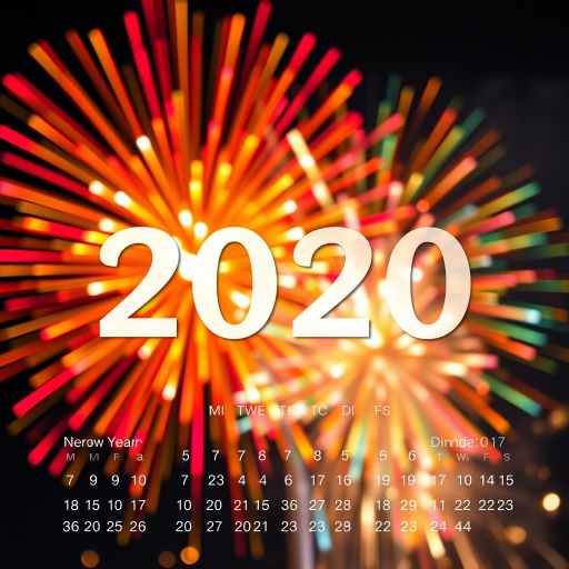 Create a vibrant new year calendar for 2020 featuring a fireworks background with colorful bursts of light, use a DSLR camera with a 50mm lens, aperture set at f/1.8, ISO 200, shutter speed 1/250 sec, overhead view, and high dynamic range for enhanced detail and clarity.