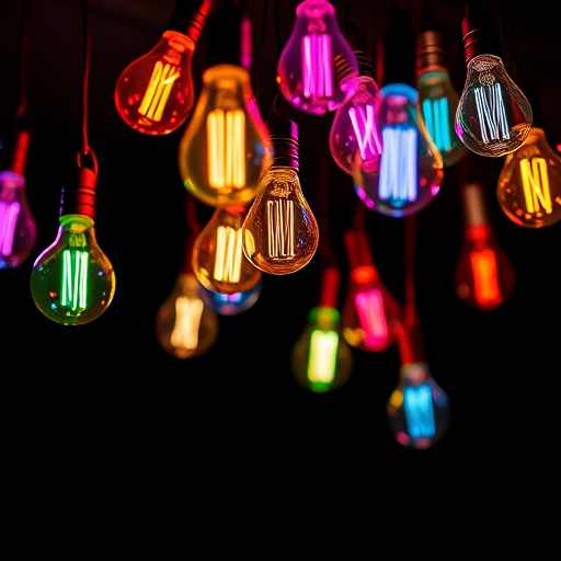 Create an artistic composition of colorful illuminated light bulbs hanging against a dark background, using a Canon EOS R5, 50mm lens, f/1.8 aperture, ISO 200, and a soft focus style to enhance vibrancy and detail.