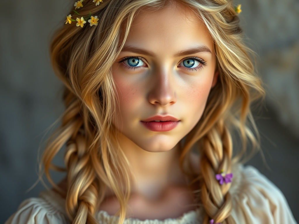 Create an image of a young Afghan woman with long, wavy blonde hair, adorned with small, colorful flowers woven into her braids and loose strands. Her complexion is fair, with soft, glowing skin, and she has light blue eyes that gaze softly at the viewer. She wears a light, flowing dress with a gentle, ethereal quality, complementing her delicate and serene appearance. The background is slightly blurred, drawing focus to her tranquil expression and the intricate details of the flowers in her hair. The overall mood of the image is one of natural beauty and grace, evoking a sense of peacefulness and connection with nature.