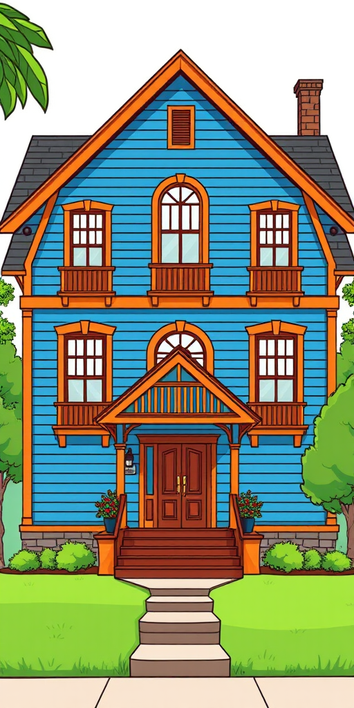 Generate a detailed illustration of a blue house with brown accents, capturing a front view with vivid colors and sharp lines, using a high-resolution digital camera, settings ISO 100, aperture f/8, shutter speed 1/125 sec, in a contemporary graphic style.