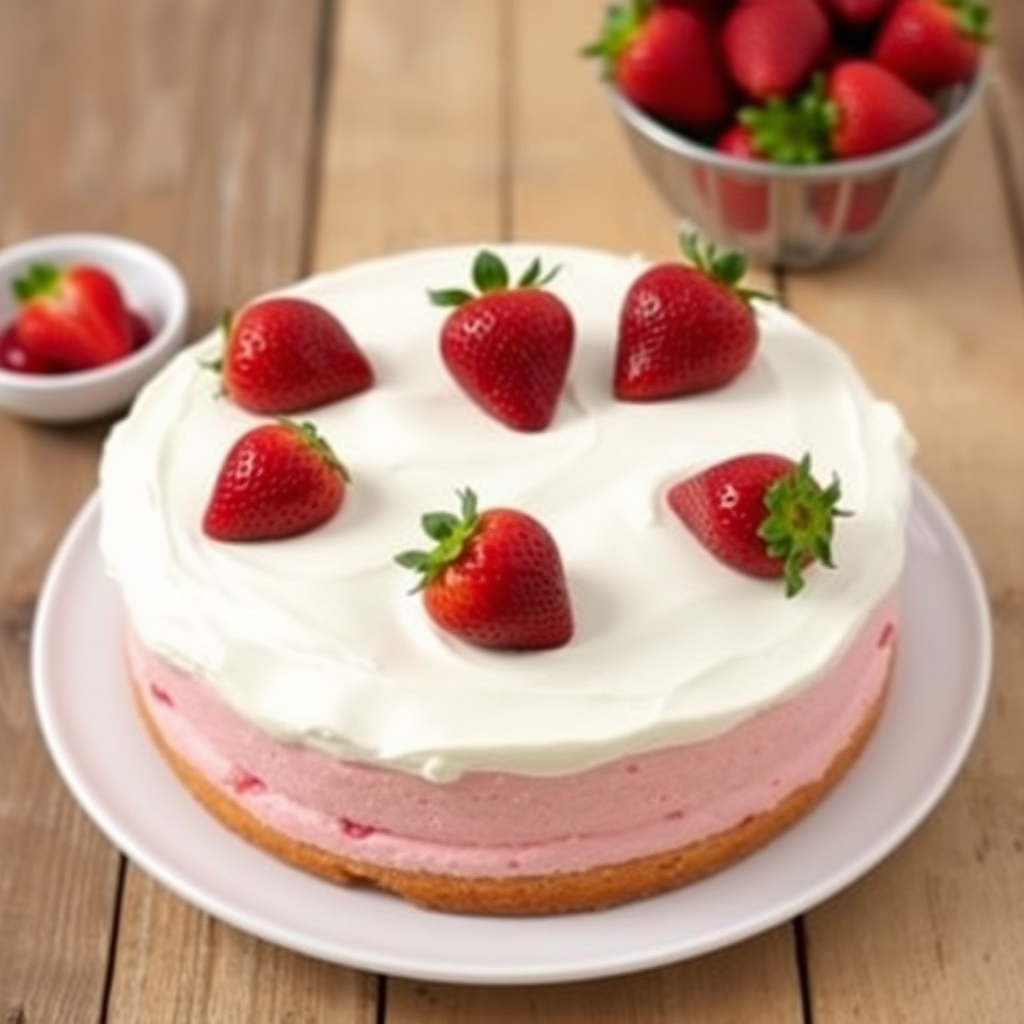 Create an image of a round strawberry cake with a smooth white whipped cream topping and three fresh strawberries on top. The cake has a pink layer visible on the sides and is presented on a white plate. Include a small bowl of strawberries in the background and a rustic wooden table surface.