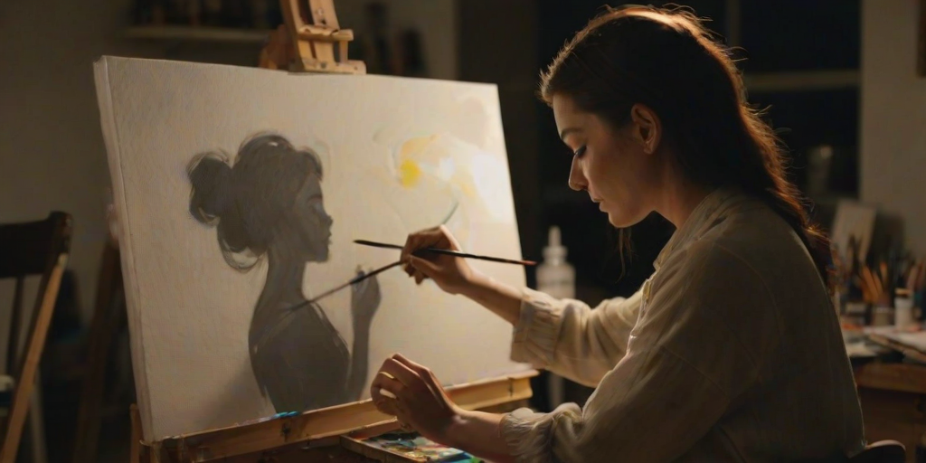 Blurry candid shot of a woman painting in her art studio at night, soft light from a desk lamp casting long shadows on the canvas, with paint tubes and brushes scattered on a nearby table.