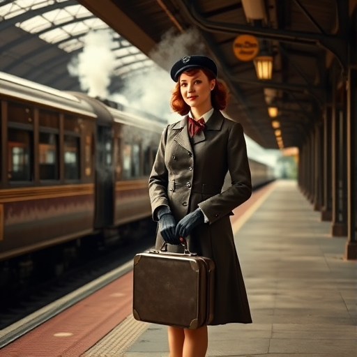 Vintage train station, a woman dressed in 1940s attire stands at the platform, her gloved hands clutching a small suitcase, as steam from the train billows around her.