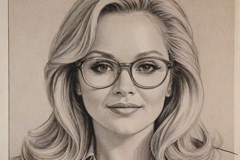 Beauteous Charlene Tilton, pencil sketch, portrait of Dazzling woman 1974s in glasses, hair style beatnik, outline, clear lines, fine lines, 8k