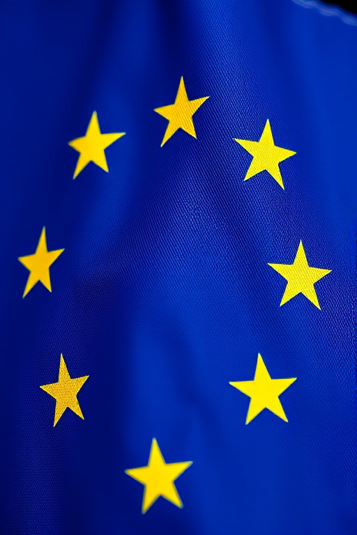 high-resolution image of the European Union flag with deep blue fabric background and vibrant yellow stars, taken with a DSLR camera at f/8 aperture, ISO 100, in natural light, using a macro lens for enhanced detail.