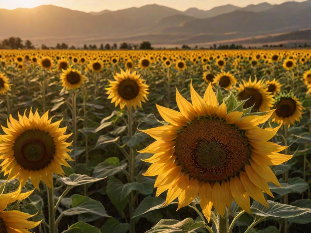 Sharp, detailed close-up of a sunflower field at sunset, soft golden light illuminating the vibrant yellow petals, with distant mountains casting long shadows across the landscape.