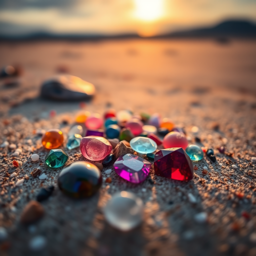 colorful gemstones on a sandy beach with water in the background, shallow depth of field, macro lens, f/2.8 aperture, ISO 100, 1/500s shutter speed, golden hour lighting, landscape orientation, DSLR camera