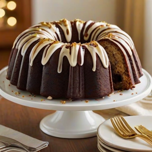 Generate an image of a chocolate and vanilla bundt cake with a slice removed, showcasing the layered design. The cake should be placed on a white plate, with a light-colored background. Include some gold forks in a glass jar nearby and a few additional slices on small plates. Make the scene bright and inviting.