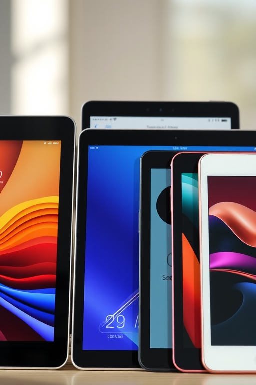 Generate a high-resolution image of various tablet designs arranged side by side, using a Canon EOS R5 with a 50mm f/1.2 lens, aperture set to f/8, ISO 100, shot at eye level in natural light to enhance details and colors.