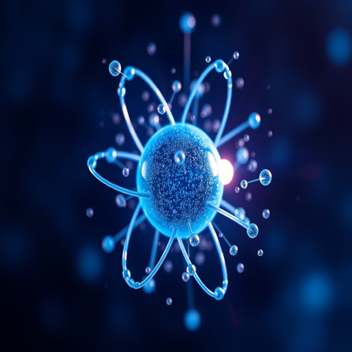 Create a high-resolution digital illustration of an atom surrounded by a cloud of electrons with a blue glowing effect, using a macro lens with an aperture of f/2.8 to achieve a shallow depth of field, a 50mm lens, and a studio lighting setup.