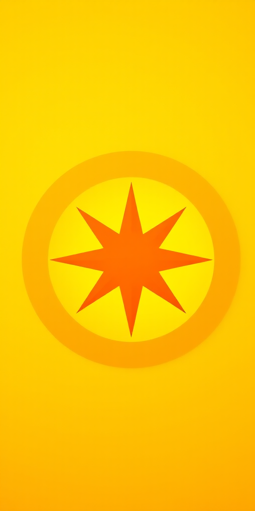 create a vibrant image of a yellow circular background with a bold orange star in the center, using a DSLR camera with a 50mm lens, aperture f/2.8, ISO 100, shot from eye level to enhance clarity and color saturation