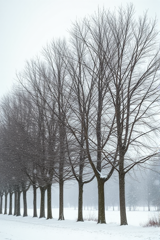 capture a winter landscape with a row of bare trees under soft falling snow, shallow depth of field, f/2.8, ISO 200, shutter speed 1/250s, shot from a low angle with a full-frame DSLR camera, in soft natural light to enhance the serene atmosphere and details of snowflakes