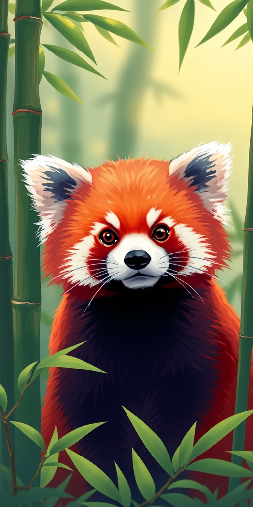 Create an illustration of a red panda sitting among bamboo, with vibrant colors and a soft background blur, using a digital art style, a high-resolution canvas, and a 300 DPI setting.