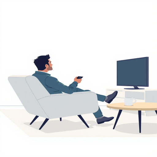 Create a minimalistic vector illustration of a man sitting in a modern armchair, holding a remote control, with a cup on the table, facing a sleek TV, soft lighting, high contrast colors, shot with a digital camera at f/4.0 aperture, 35mm focal length, and ISO 100 to enhance image quality.
