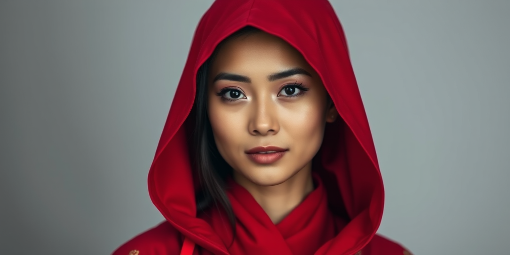 portrait of a woman in traditional red attire with a hood, soft lighting, 85mm lens, aperture f/1.8, ISO 200, shallow depth of field, slight vignette, studio background
