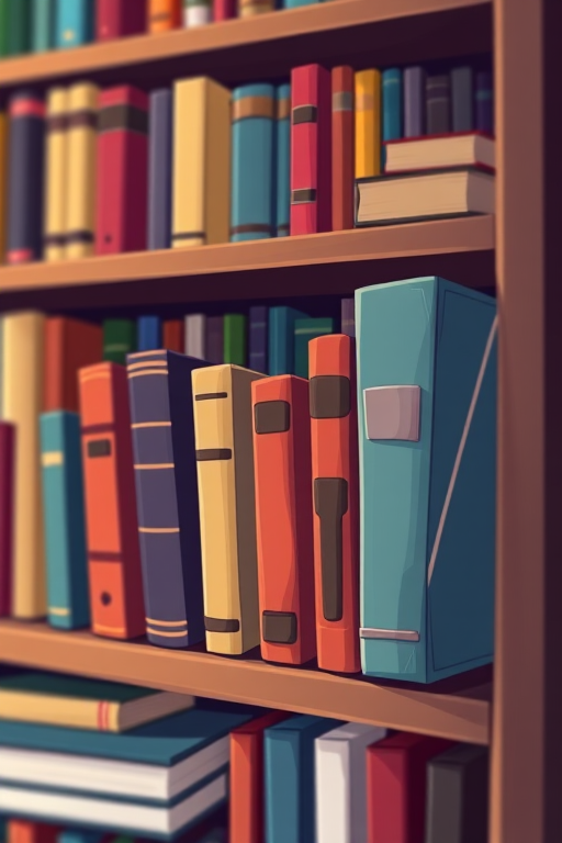 Create an illustration of a bookshelf filled with books in various colors, with a few books leaning and one slightly tilted, using a digital art style, with a resolution of 300 DPI, a focal length of 50mm, and a depth of field effect to emphasize the books.