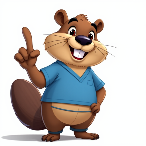 Create a high-quality cartoon image of a smiling beaver character standing with one finger raised, wearing blue scrubs, with a 50mm lens, f/2.8 aperture, ISO 100, and a bright daylight setting.