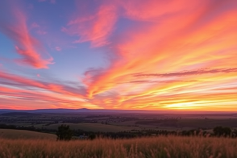 Create a high-resolution image of a serene landscape at sunset with vibrant colors, using a Canon EOS 5D Mark IV, f/8 aperture, 1/60 shutter speed, ISO 100, capturing a wide-angle view with a soft focus background for enhanced depth.