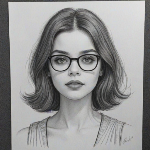 Pleasing India Eisley, pencil sketch, portrait of Resplendent woman 1957s in glasses, hair style beatnik, outline, clear lines, fine lines, 8k