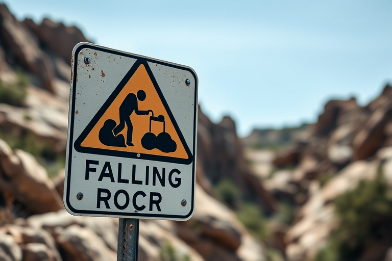 Create a high-resolution image of a caution sign for falling rocks, using a DSLR camera with a 50mm lens, aperture set to f/8, ISO 100, with a shallow depth of field to create a blurred background, shot in natural daylight to enhance colors and contrast.