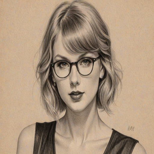 Comely Taylor Swift, pencil sketch, portrait of Bewitching woman 1925s in glasses, hair style beatnik, outline, clear lines, fine lines, 8k