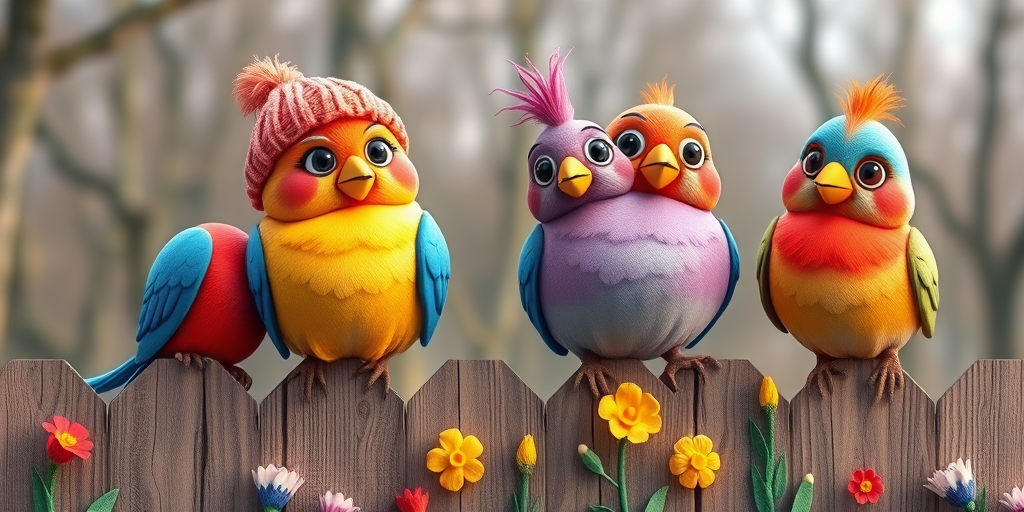 create a scene of 4 quirky  whimsical colourful comical birds each with a funny expression. they are sat on a wooden fence with colourful flowers. they are all different sizes. each one is a different colour  one is wearing a woolly hat. Each one has a different quirky google expression and there is a muted background of trees watercolour paintierly style high definition 8k resolution 3D paper mache