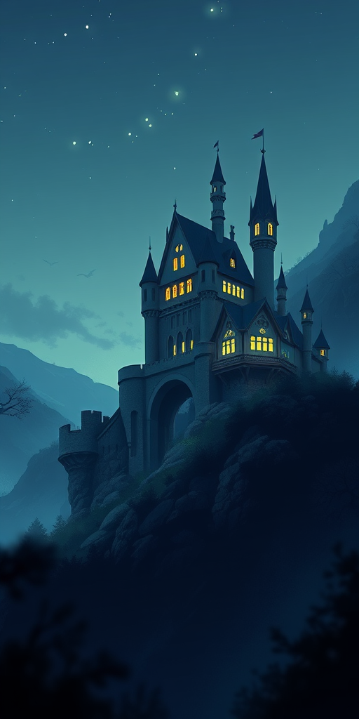 Create an illustration of a castle on a mountain at night with glowing windows, using a high-resolution digital art style, viewed from a low angle to emphasize the height, with a soft focus lens effect, and a color palette of dark blues and yellows.
