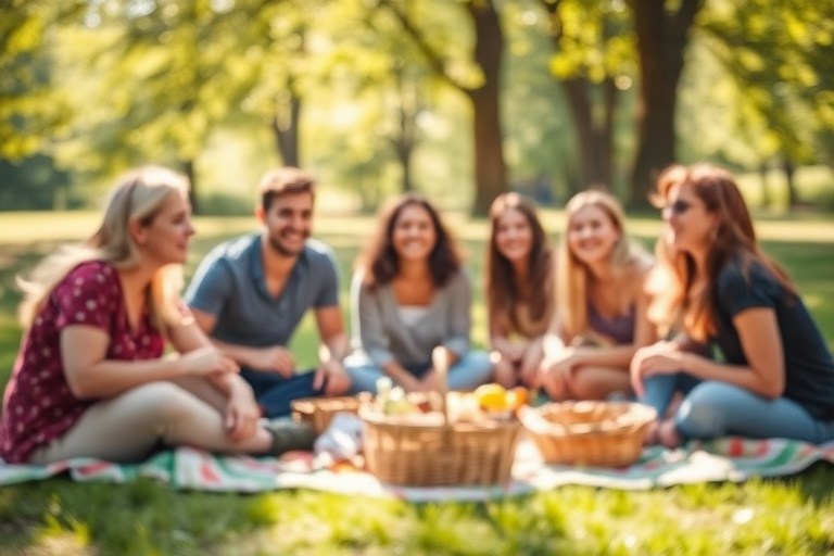 Blurry candid photo of friends enjoying a picnic in a sun-dappled park, soft sunlight filtering through the trees, with colorful blankets, baskets, and laughter filling the scene.