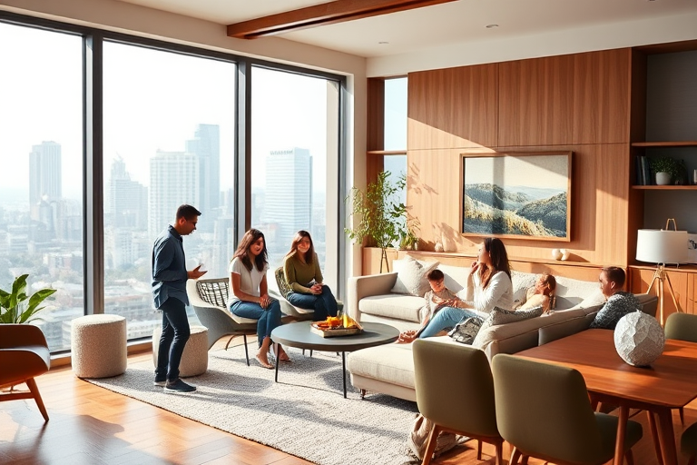 A modern living room with a family of four engaged in conversation, natural light flooding through large glass windows showing a city view, warm wood accents, and contemporary furniture, shot with a Canon EOS R5 at f/4, ISO 100, 24mm lens, with a bright and vibrant color profile.