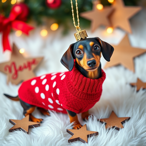 Capture a festive Christmas ornament featuring a dachshund in a red sweater with white polka dots, set on a soft white fur background with wooden star decorations, shot with a DSLR camera at f/2.8 aperture, 50mm lens, ISO 100, and a shallow depth of field for a creamy bokeh effect.