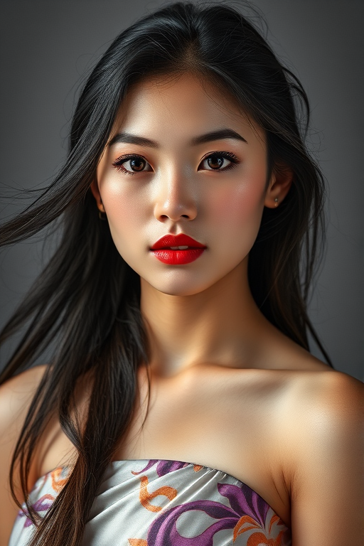Photographic image of a beautiful young Ryukyuan woman, red eyes, lips with Yellow lipstick, long hair fluttering in the wind and wearing a silk strapless dress with a soft purple and orange print. monochrome image with only color highlights in the iris of the eyes, lipstick and dress. Gray background.