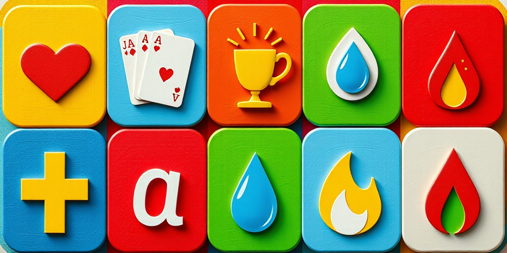 Create a high-resolution image of a 3x3 grid of colorful icons representing love, cards, sun, a cup, a medical cross, the letter 'a', a droplet of water, an egg, and flames, captured with a DSLR camera using a 50mm lens, f/1.8 aperture, ISO 100, and a natural light setting.
