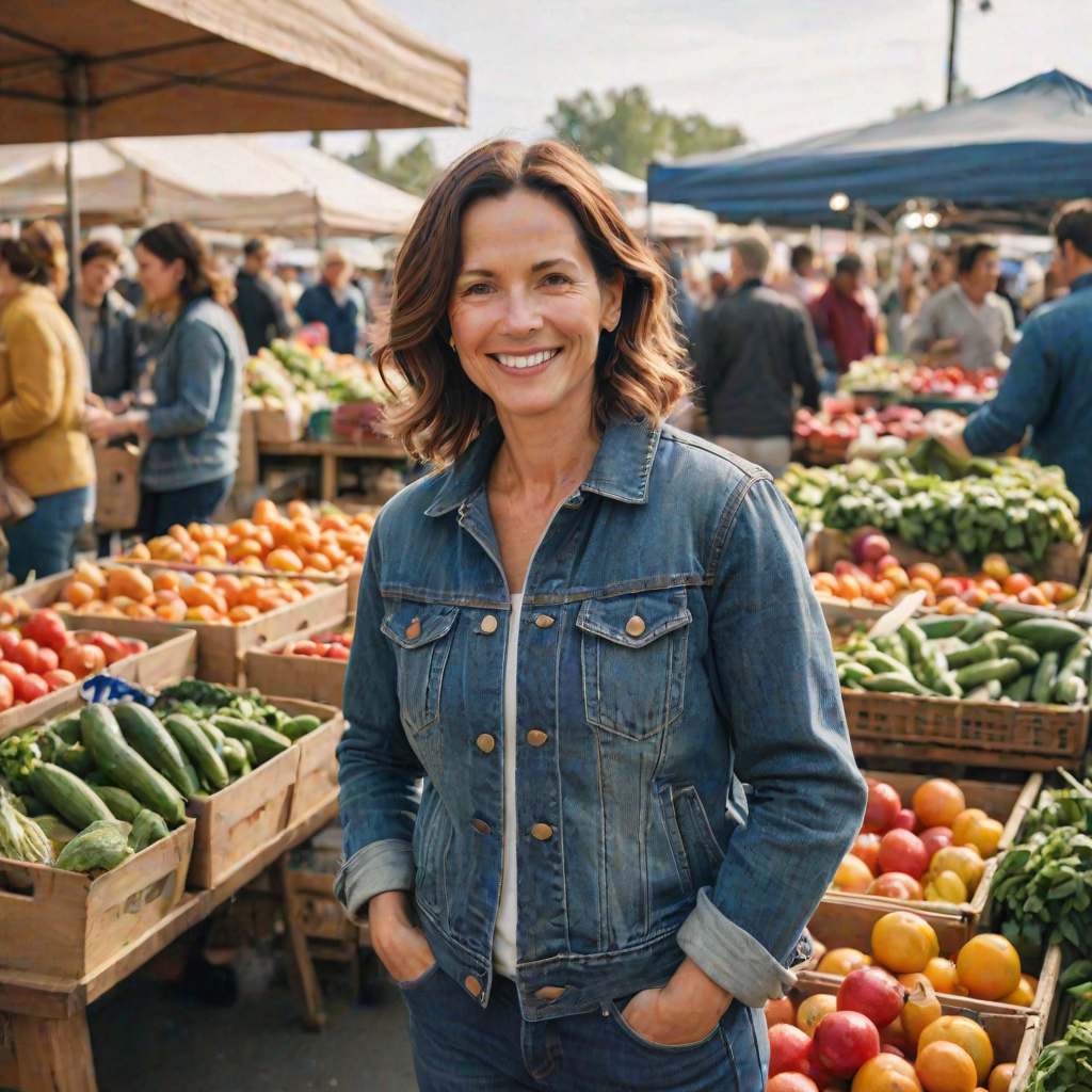 Warmly lit photo of a woman in her 40s, casually dressed in a denim jacket, standing in a bustling farmers' market, surrounded by vibrant produce and cheerful vendors.
