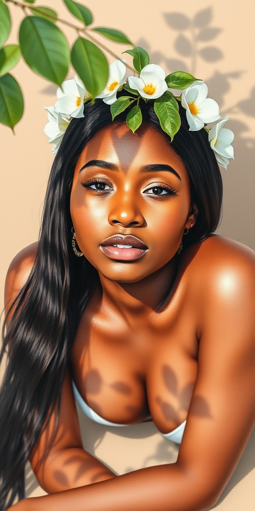 create a watercolor painting of an ethereal portrait of beautiful Garifuna woman with a simple white flower crown on her head. Her hair is long and she is lying on the ground. The sunlight on the trees casts shadows from the leaves on her face and body. The background is a neutral brown color that matches her skin tone. The image is minimalist and solid colors. This style is characterized by soft, delicate brushstrokes and a light, airy, contrasting color palette. High level of detail and play of light