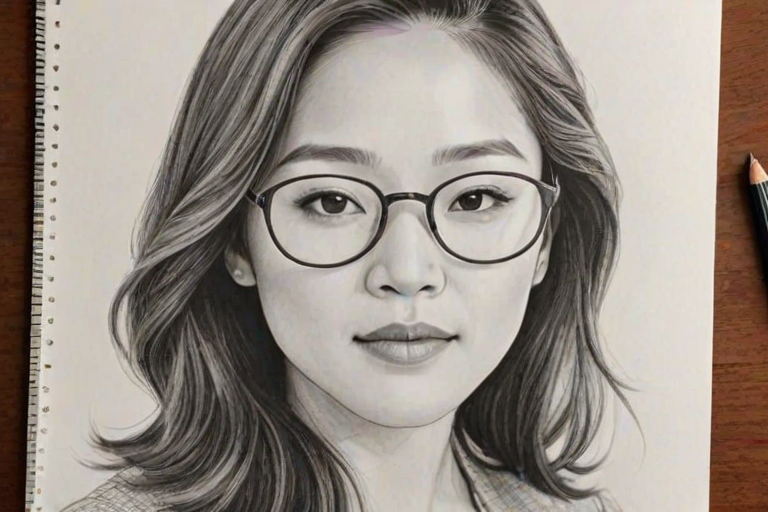Splendid Constance Wu, pencil sketch, portrait of Radiant woman 1938s in glasses, hair style beatnik, outline, clear lines, fine lines, 8k