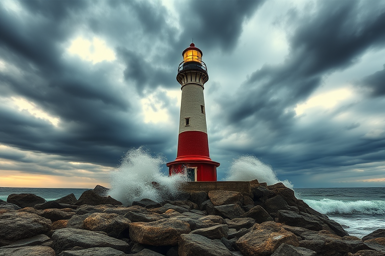 Create a high-resolution digital artwork of a vibrant lighthouse on a rocky shore during a dramatic stormy sky, with waves crashing against the base; use a DSLR camera with a 24mm lens, f/8 aperture, ISO 100, and shoot from a low angle to emphasize the height of the lighthouse against the backdrop of dark clouds and rays of light breaking through.