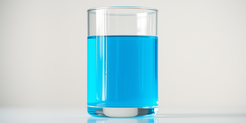 A clear cylindrical glass filled with bright blue liquid, high-resolution, 50mm lens, f/1.8 aperture, ISO 100, natural lighting, focus on liquid's surface, studio setting.