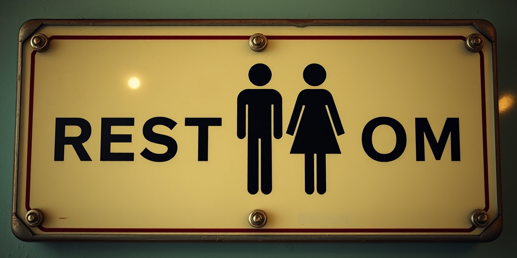 Create an image of a vintage-style restroom sign featuring simple, stylized male and female figures, captured with a DSLR camera at f/2.8 aperture, ISO 200, 35mm lens, with a shallow depth of field and a warm filter to enhance the retro aesthetic.