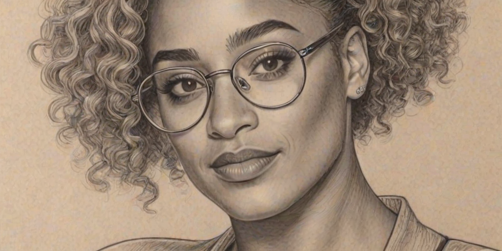 Lovely Amanda Seales, pencil sketch, portrait of Enticing woman 1924s in glasses, hair style beatnik, outline, clear lines, fine lines, 8k