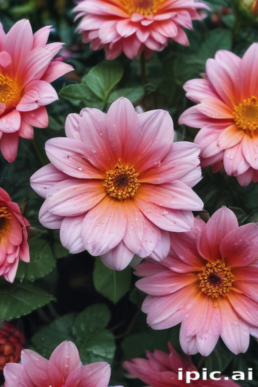 Vibrant Pink Flowers with Dewdrops in a Lush Green Garden Setting