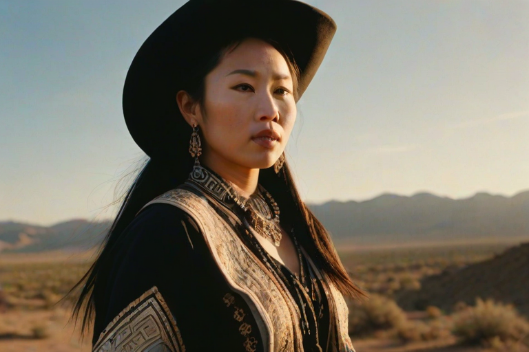 Dramatic photo of a beautiful Hmong woman, classic cowboy attire, confident and free spirit expression, half-length portrait, centered, golden hour desert landscape, warm, diffused light, low angle, medium format film camera, in style of Annie Leibovitz.