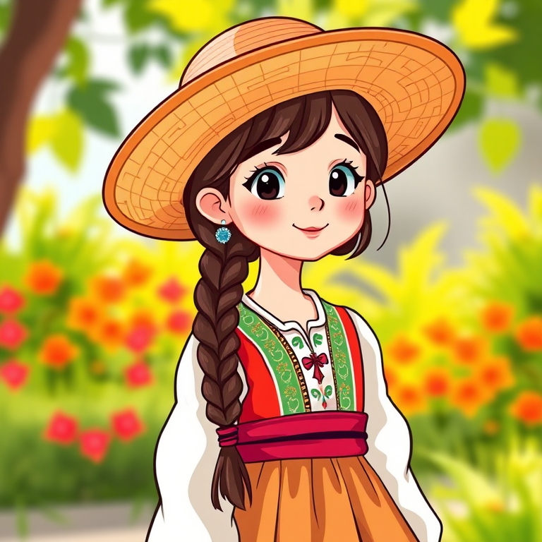 Generate a colorful illustration of a girl in a traditional dress with a wide-brimmed hat and long braided hair, captured with a 50mm lens at f/2.8, in vibrant natural lighting, using a digital camera in a whimsical cartoon style.