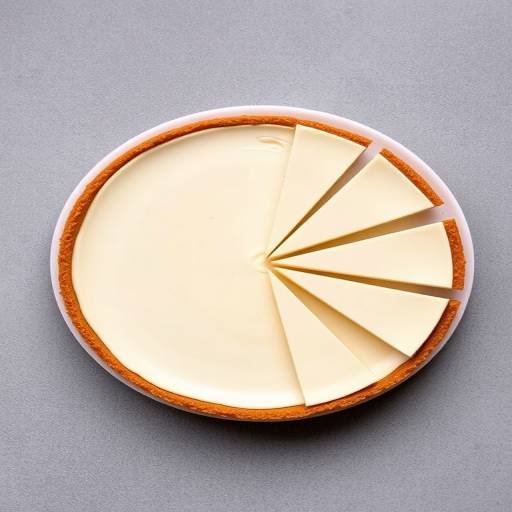 A circular cheesecake with a smooth cream filling and a golden brown graham cracker crust sliced into triangular pieces arranged on a white plate with a textured gray background.