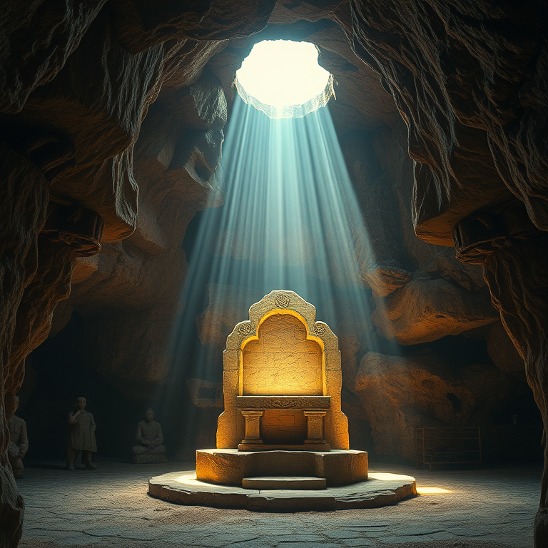 interior of a mystical cave with a stone altar illuminated by beams of light from a hole in the ceiling, soft diffused lighting, atmospheric perspective, DSLR camera, f/2.8 aperture, ISO 200, 24mm lens, HDR imaging, low angle view, high dynamic range, warm tones