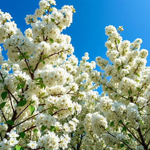 generate an image of white flowering trees under a clear blue sky, close-up view, aperture f/2.8, ISO 100, shutter speed 1/200, DSLR camera, natural lighting