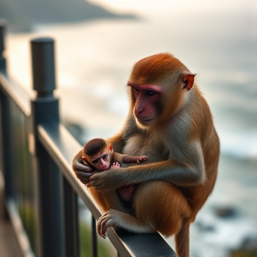 Capture a serene image of a mother monkey cradling her baby on a railing overlooking the ocean, using a Canon EOS R5 with a 50mm lens, aperture f/2.8, ISO 200, shutter speed 1/500s, natural light, focus on the subjects with a soft background blur.