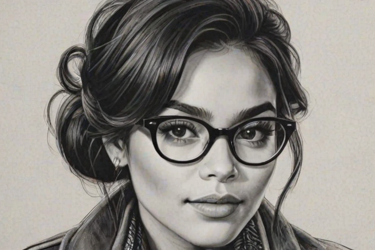 Captivating Vanessa Hudgens, pencil sketch, portrait of Exquisite woman 1950s in glasses, hair style beatnik, outline, clear lines, fine lines, 8k