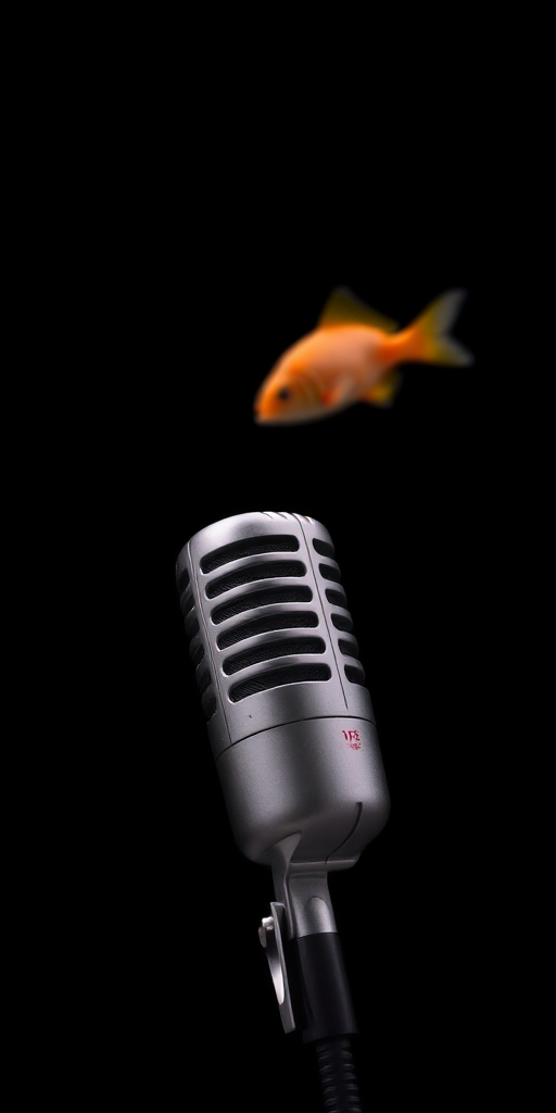 A microphone and a fish in outer space, black background, high contrast, low aperture f/1.8, ISO 100, 50mm lens, shallow depth of field, shot from a slightly angled view to enhance depth.