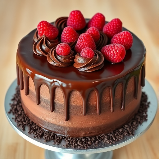 A beautiful chocolate cake with smooth chocolate frosting drizzled on top decorated with chocolate swirls and fresh raspberries arranged elegantly on the surface with chocolate sprinkles around the base on a silver cake stand.